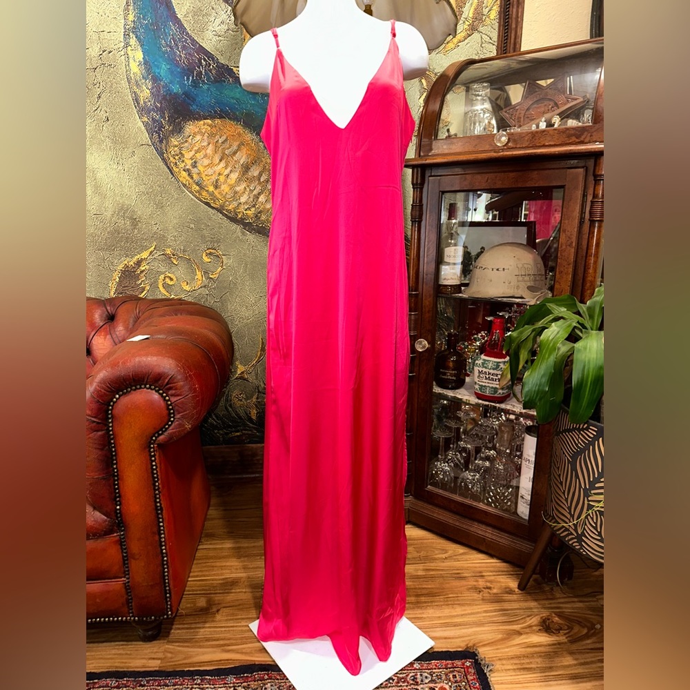 NWOT Opulessa Women HOT PINK Color Spaghetti Strap Simple Fitting Long Dress - Picture 5 of 17